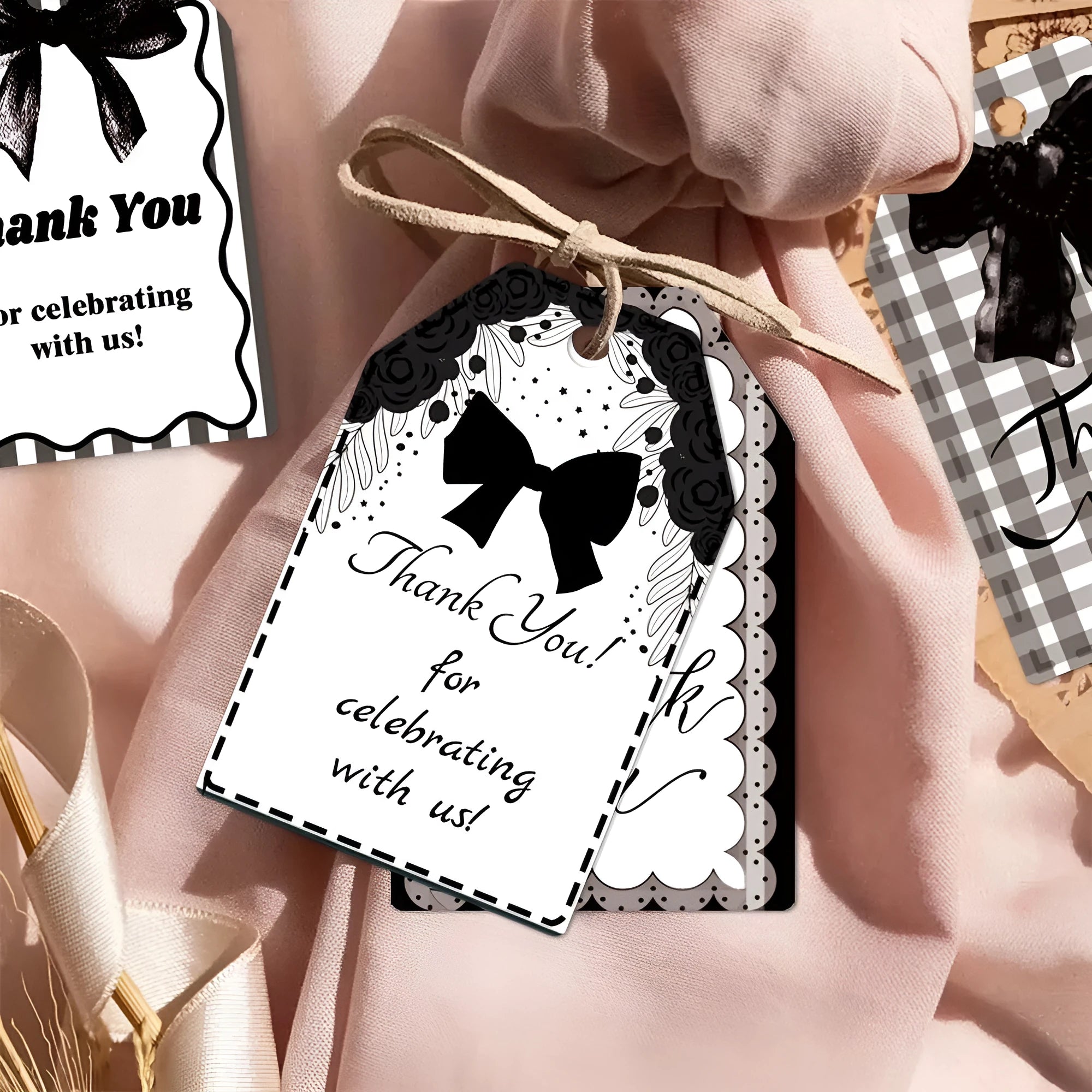 60-piece set of creative bowknot paper gift label tags with natural hemp rope for birthday parties