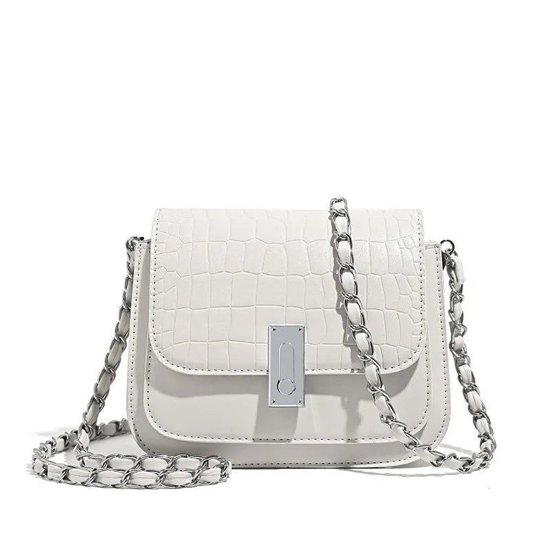 Women's soft black PU square shoulder bag with chain strap and external pocket