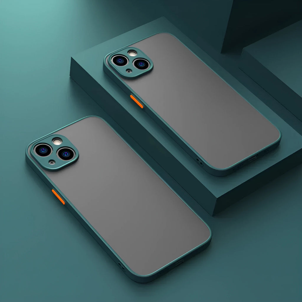 Frosted hard plastic and TPU iPhone case with fine hole design and raised camera protection.