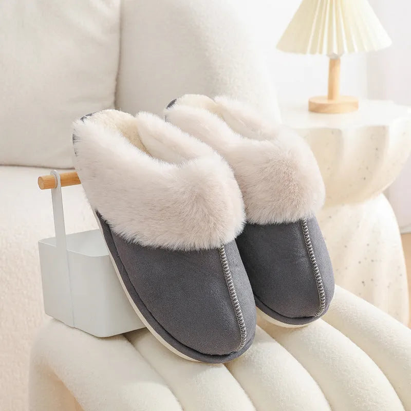 Women's winter plush slippers with artificial wool lining and non-slip PVC soles in various colours