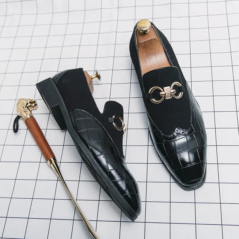 Korean style men's business casual shoes with pointed toe and sewing line details in black and green colour options