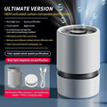 White simple style desktop air purifier with USB cable on a desk