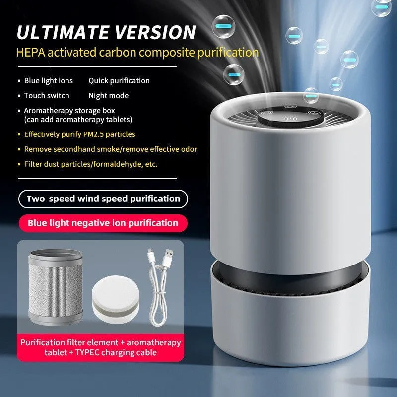 White simple style desktop air purifier with USB cable on a desk