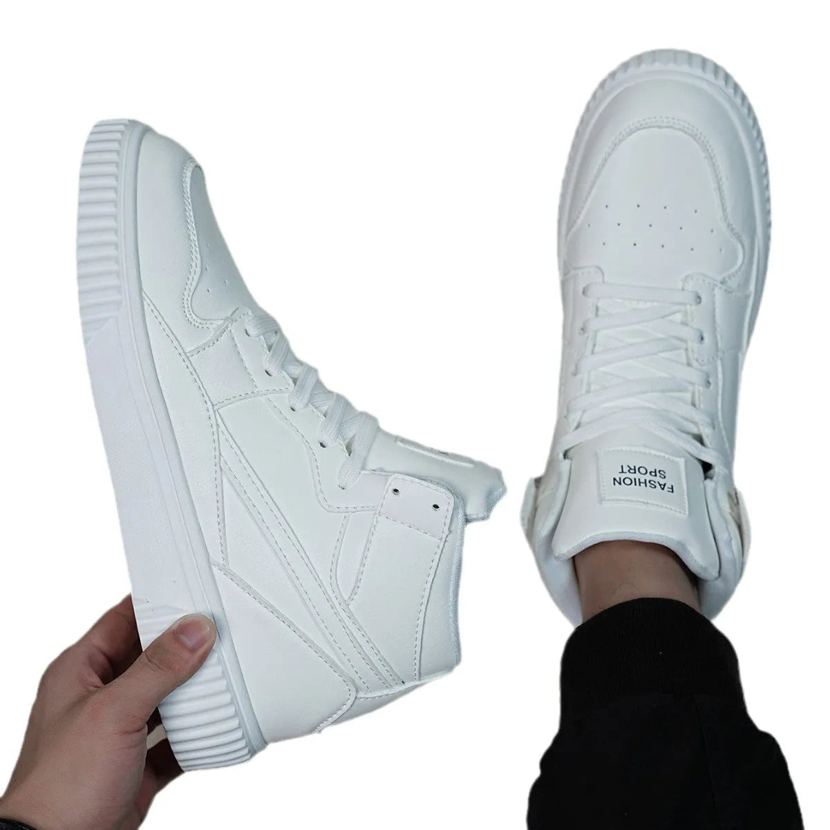 Men's white casual shoes with round toe and microfiber upper for autumn and winter wear.