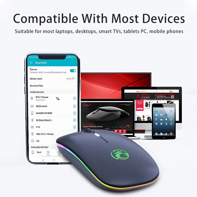 Black and white wireless mouse with luminous scroll wheel showing Bluetooth and silent button features