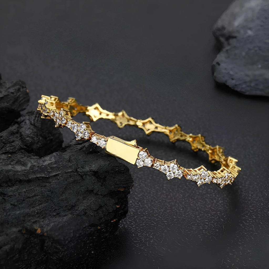 Copper hip hop bracelet with inlaid zircon in gold 6.5mm width geometric chain design