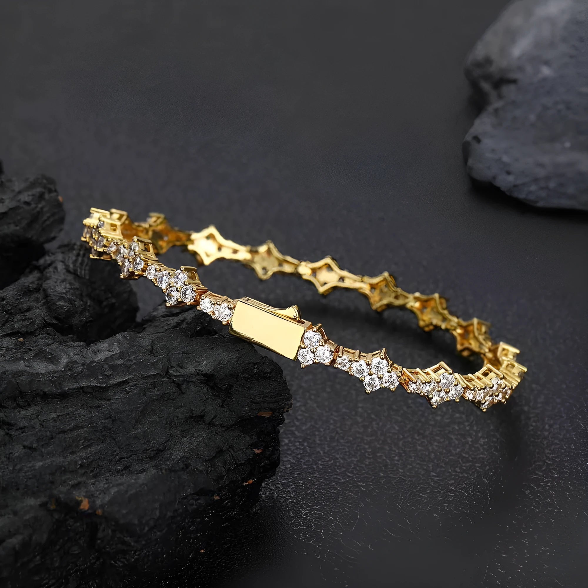 Copper hip hop bracelet with inlaid zircon in gold 6.5mm width geometric chain design