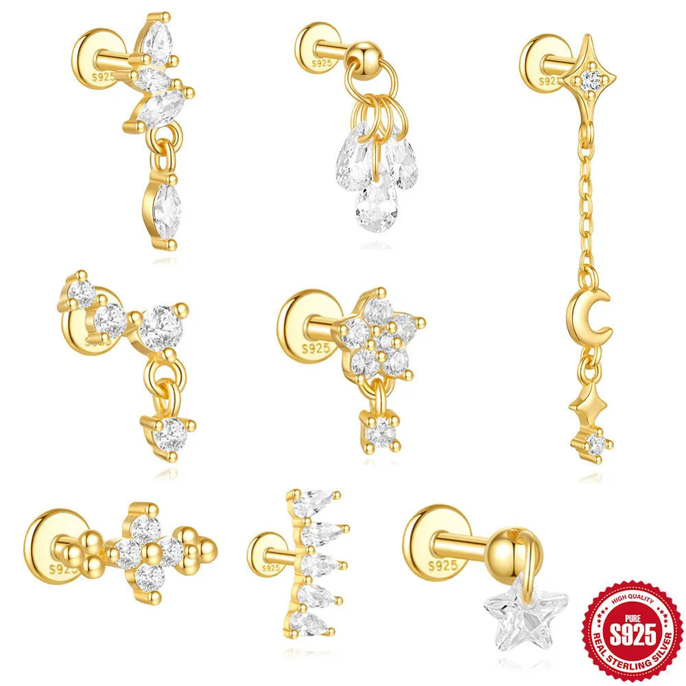 S925 sterling silver moon shape earrings with diamond embedded star detail in gold colour