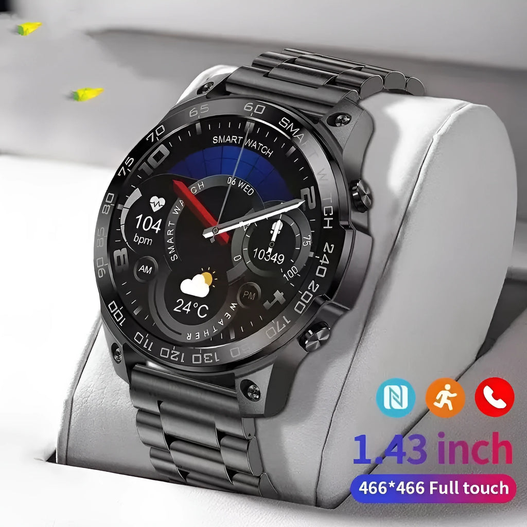 Black Bluetooth smartwatch with round AMOLED screen on a silicone strap, showing fitness stats.