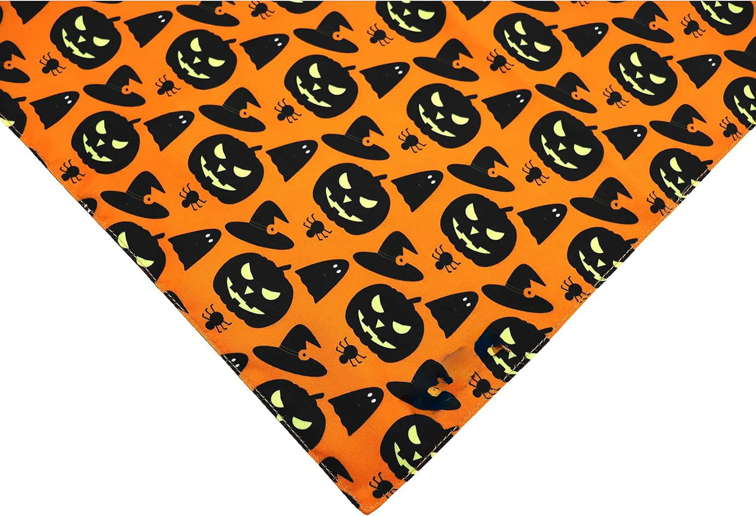 Black and orange reversible triangle dog bandana with Halloween pumpkin and spider web patterns.