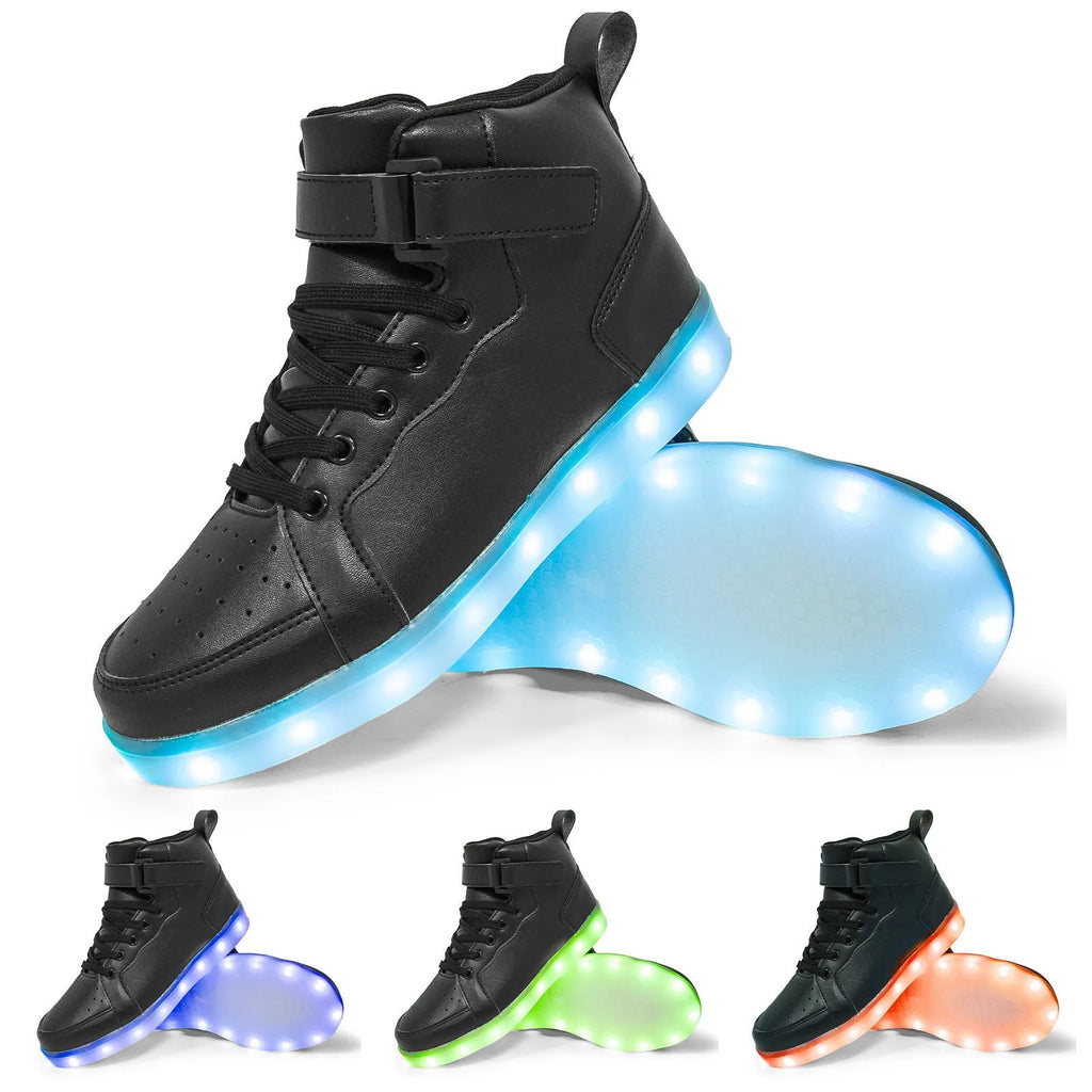 Man and woman wearing black and white high-top LED light-up sneakers with illuminated soles at an event.