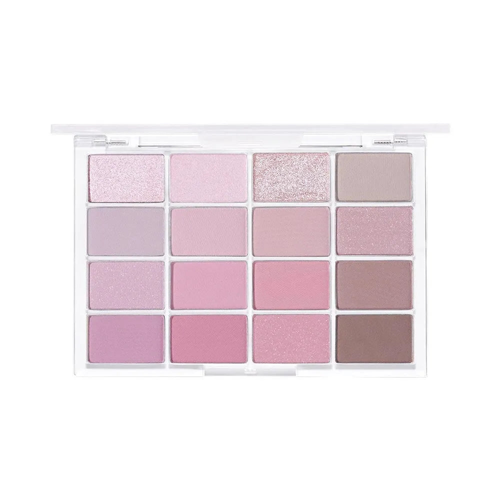 16 colours eye shadow plate with shimmer and matte finishes in multiple shades including pink and brown