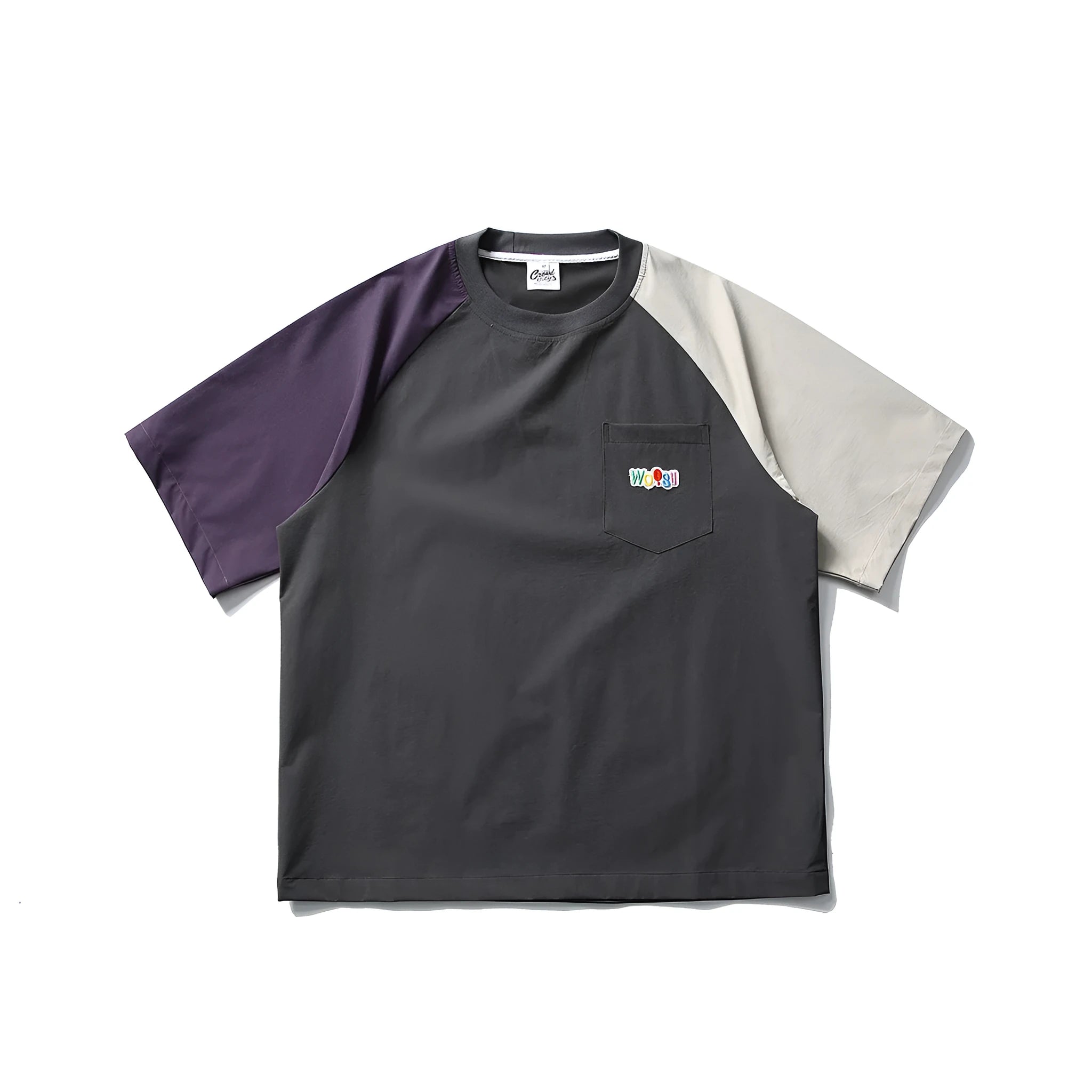 Dark grey men's t-shirt with contrast colour raglan sleeves and loose fit design