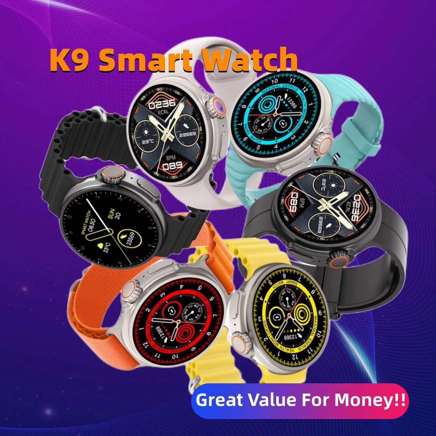 K9 smart watch with round screen and silicone strap, showing health stats and NFC payment icon on display.