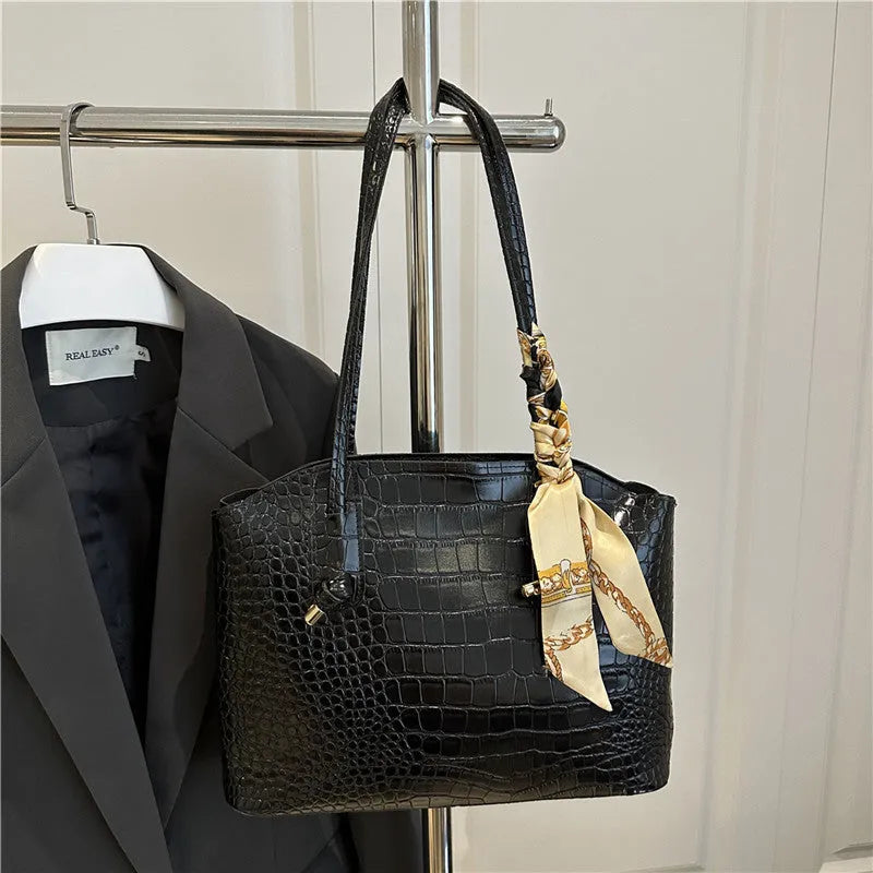 Large PU handbag with crocodile pattern and sewing thread detail in horizontal square shape