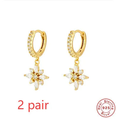 S925 sterling silver diamond snowflake pendant earrings with geometric design in yellow or white gold colour finishes