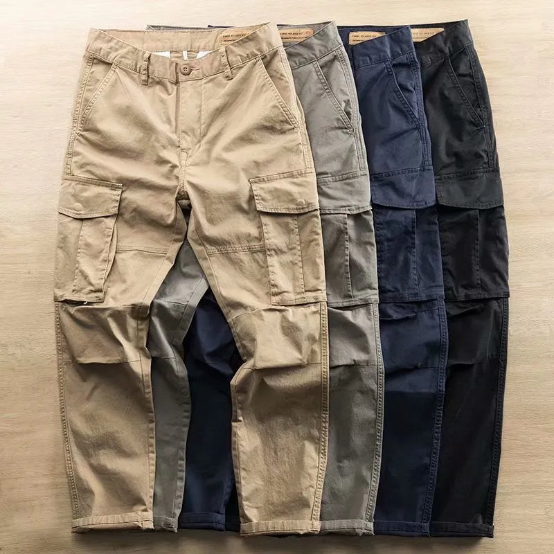 Men's solid colour cotton labour protection trousers with multiple pockets, shown in khaki.
