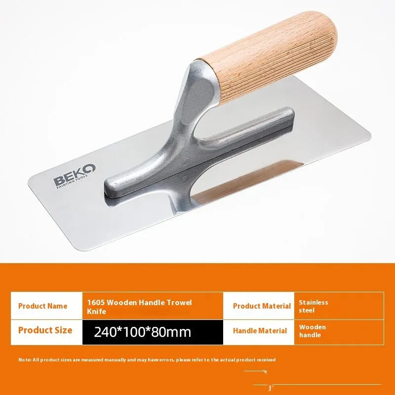 Stainless steel wall scraper with wooden handle for putty removal, showing three blade size options