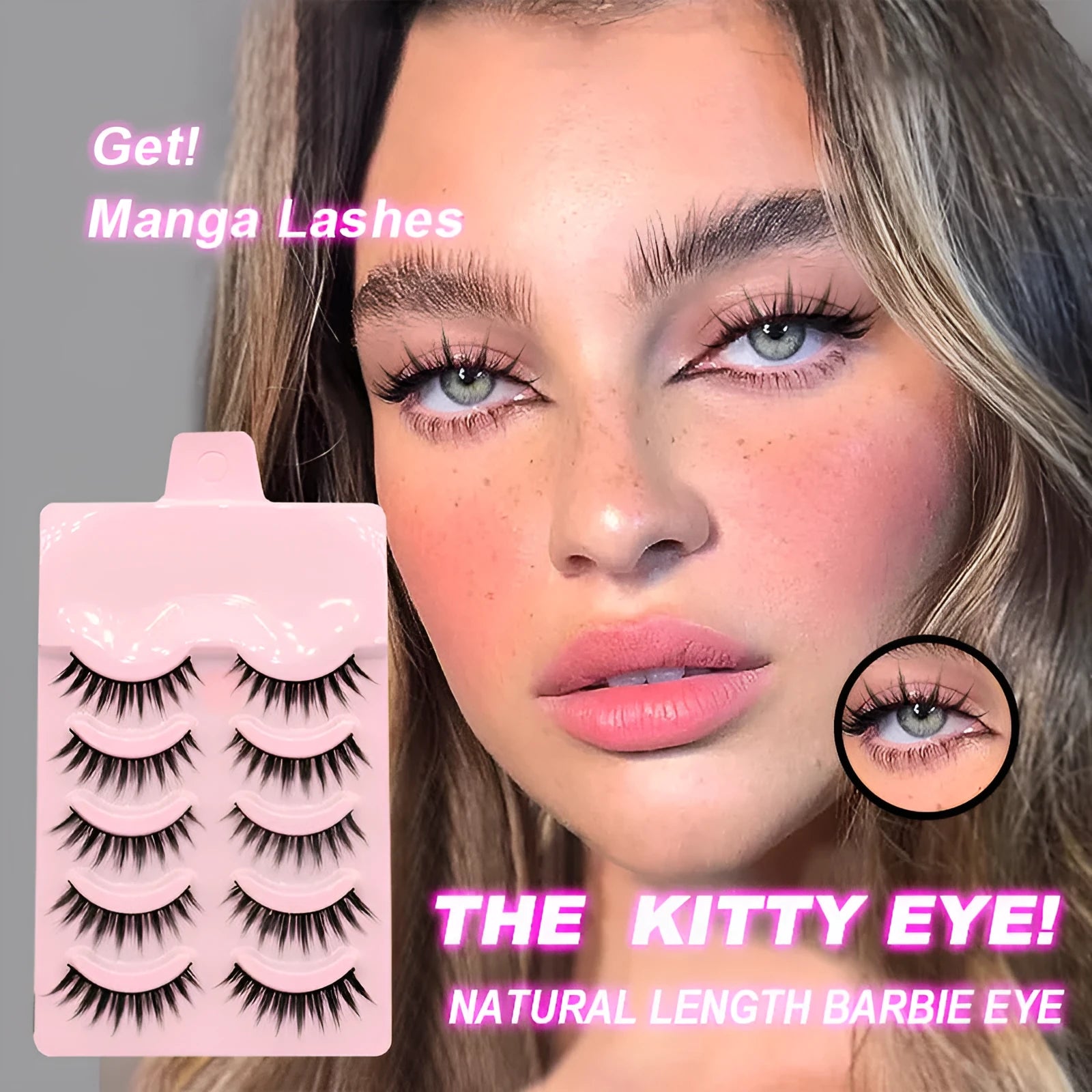 Three styles of manga false eyelashes in black with natural wispy design for anime cosplay makeup