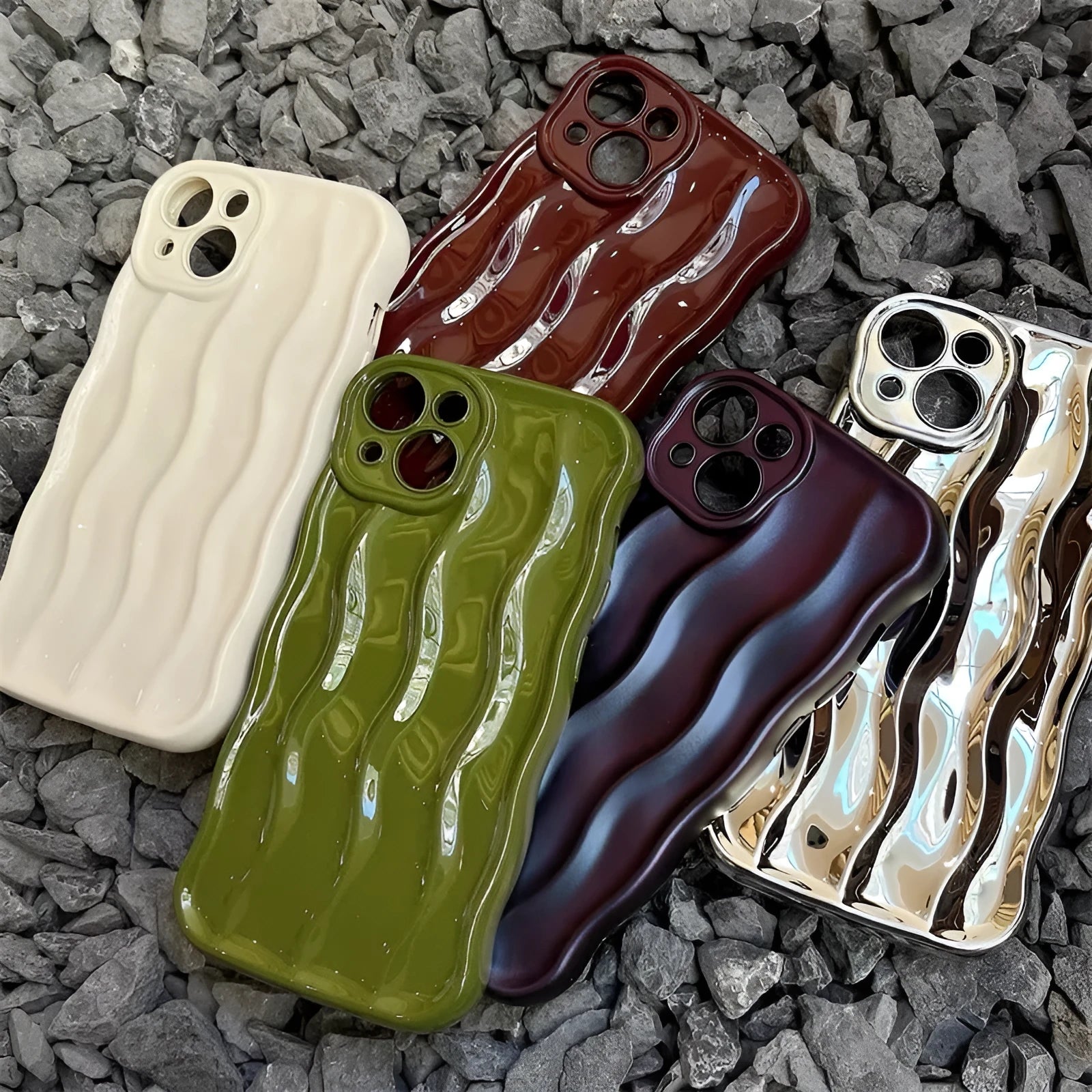 Silicone iPhone 17 case with water ripple texture in wavy green colour showing soft shell construction
