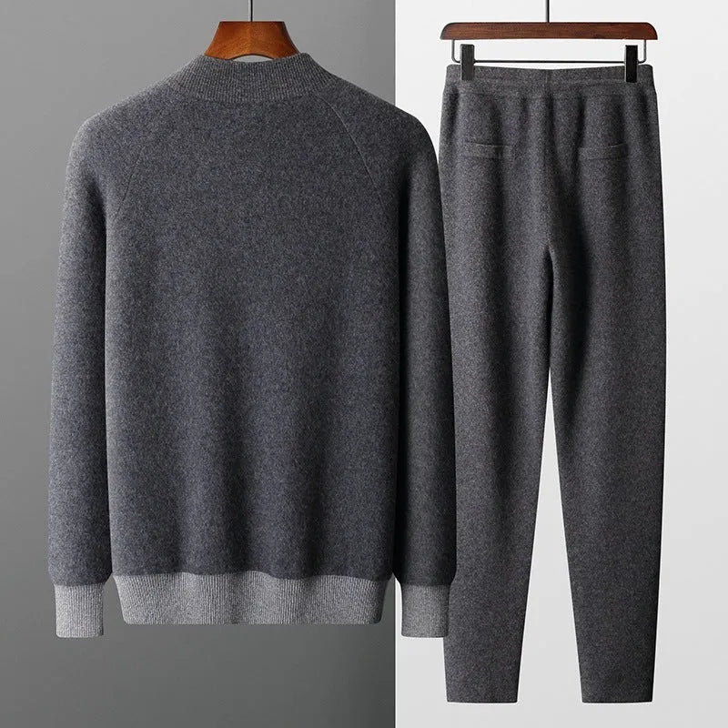Men's cashmere wool blend cardigan suit with half turtleneck zipper in camel colour