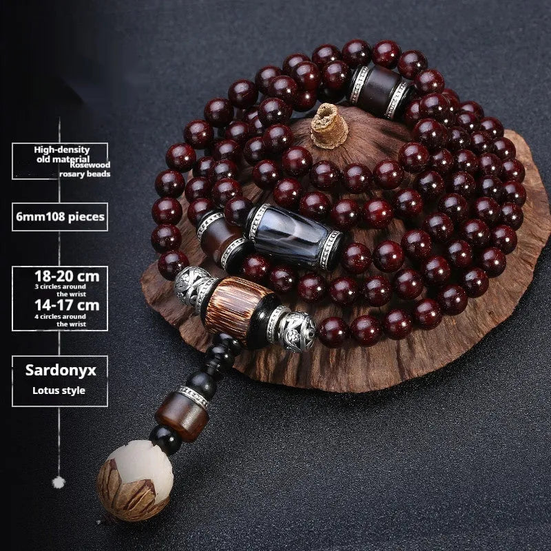 Men's rosewood bracelet with 108 beads showing lapis lazuli stone design option