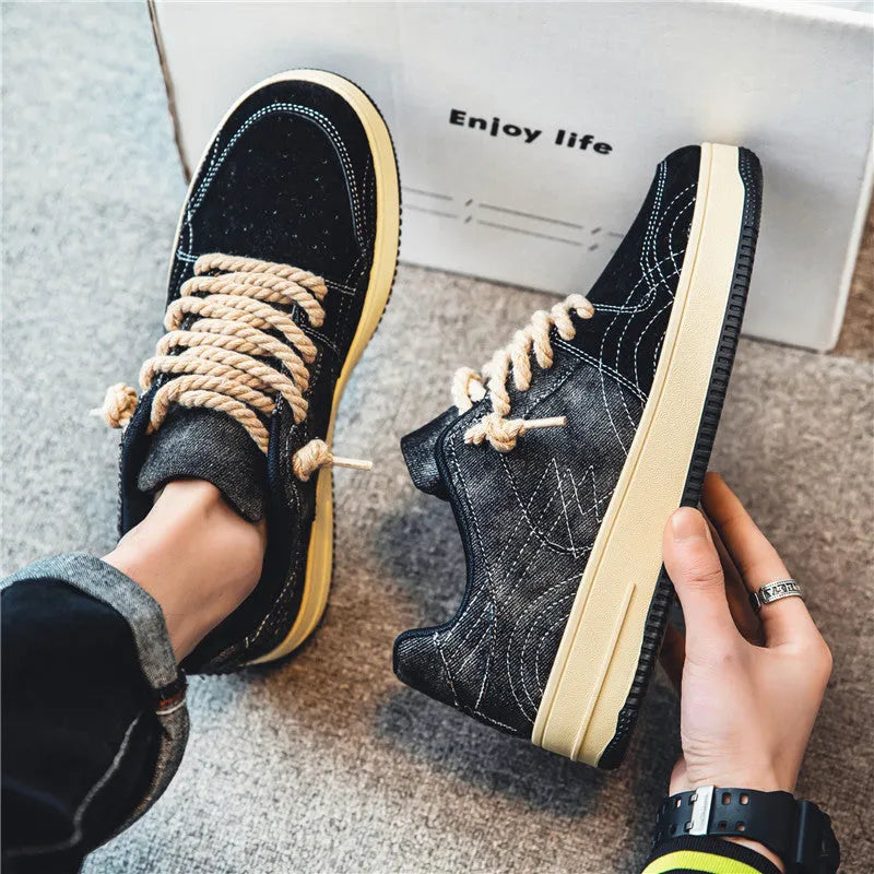 Men’s lace-up denim board shoes in Denim Blue with rubber sole and stitching details