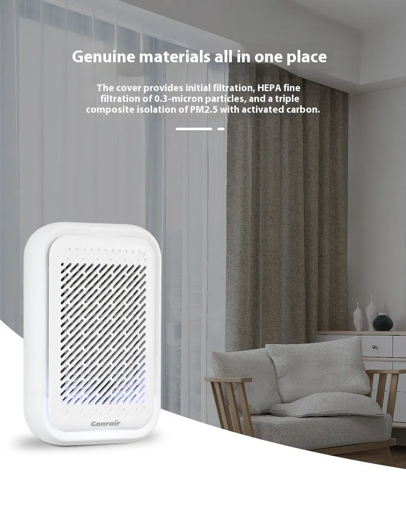 White wall-mounted plug-in air purifier with filter screen for small rooms.