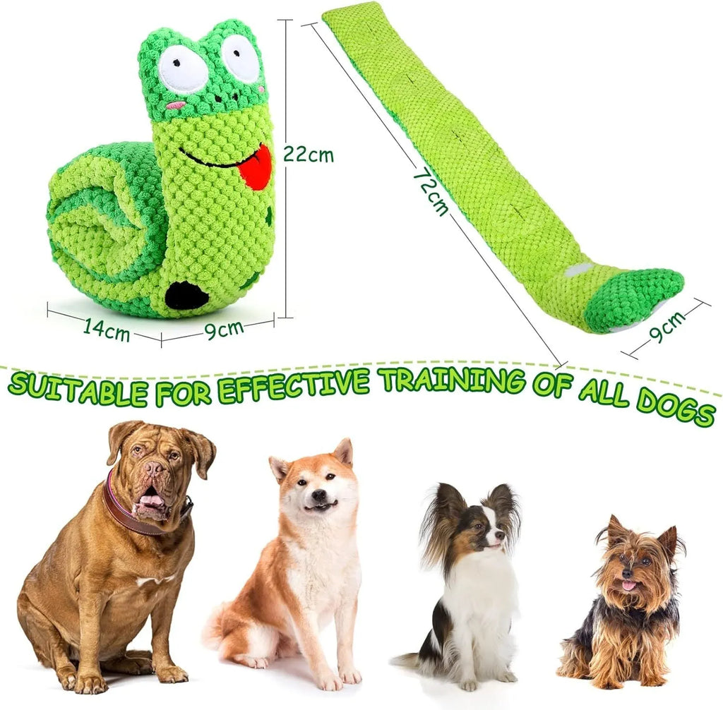 Convertible squeak dog toy in snail shape with hidden food holes for foraging training