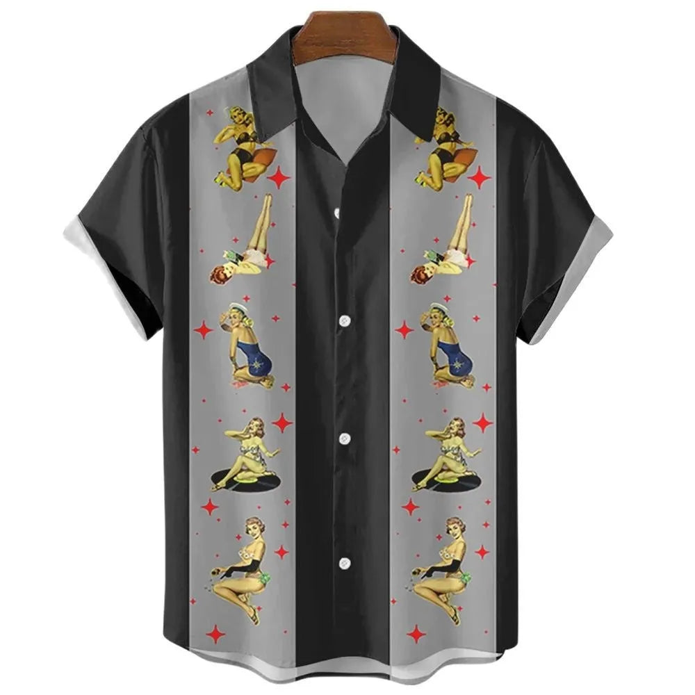 Men's striped Hawaiian shirt with short sleeves and button-up front