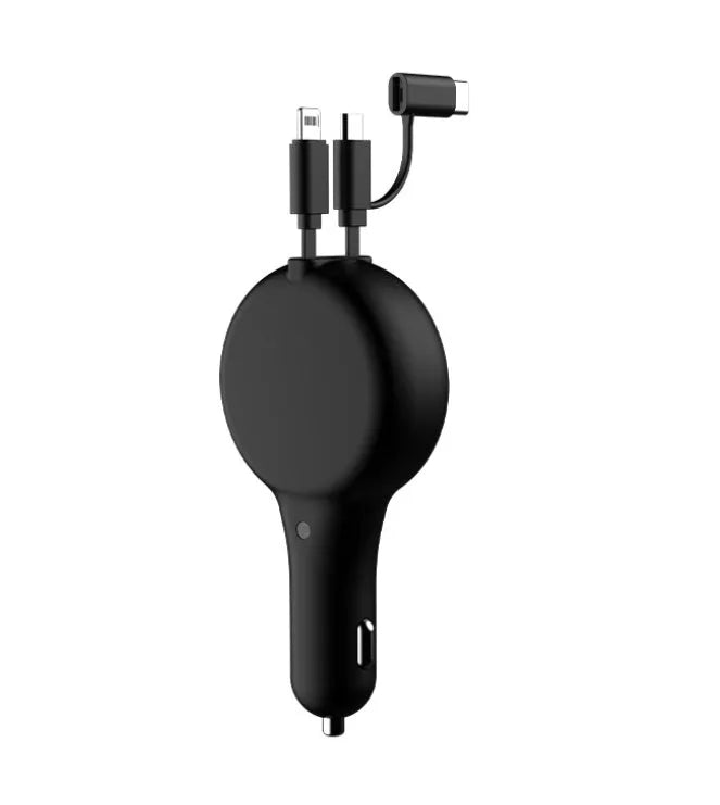 Retractable car charger with extended cables showing Type-C and USB-A charging heads in black or red colour