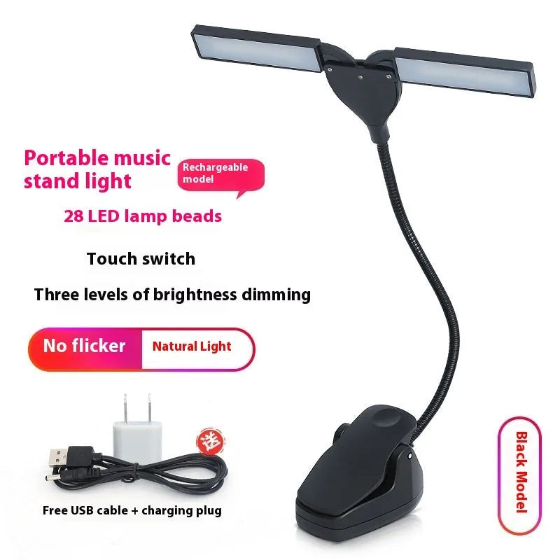 Black USB rechargeable music stand lamp with 28 LEDs mounted on a metal stand.
