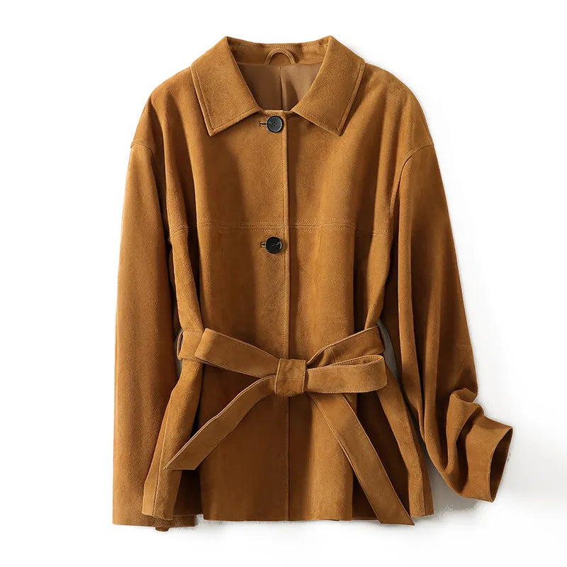 Mid-length cashmere coat with peter pan collar and leather stitching details in yellow brown colour