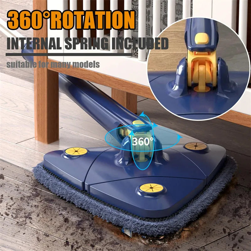 Extendable blue triangle mop with rotating head and long stainless steel pole for cleaning floors and walls.