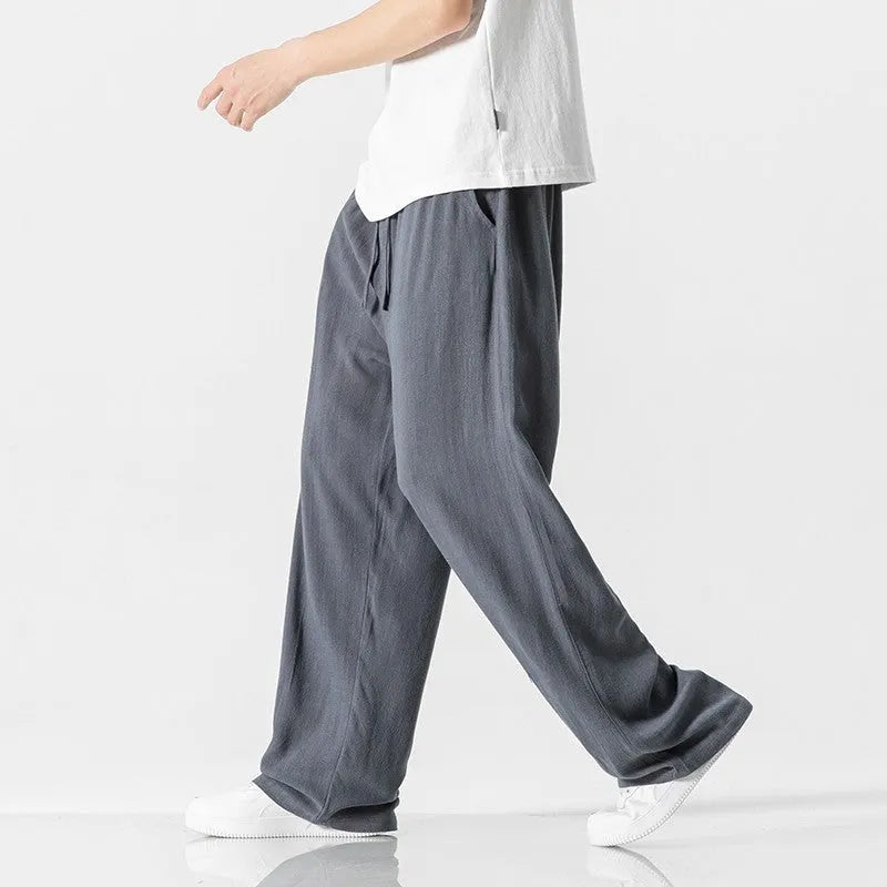 Men's beige bamboo fibre straight leg trousers with cropped length and drawstring waistband