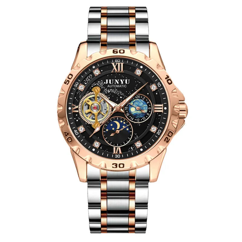 Men's waterproof automatic mechanical watch with luminous hands in silver case black face option
