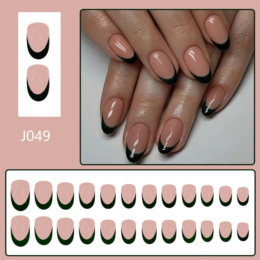 French style manicure nail art set with 24 almond-shaped short tips in simple black colour