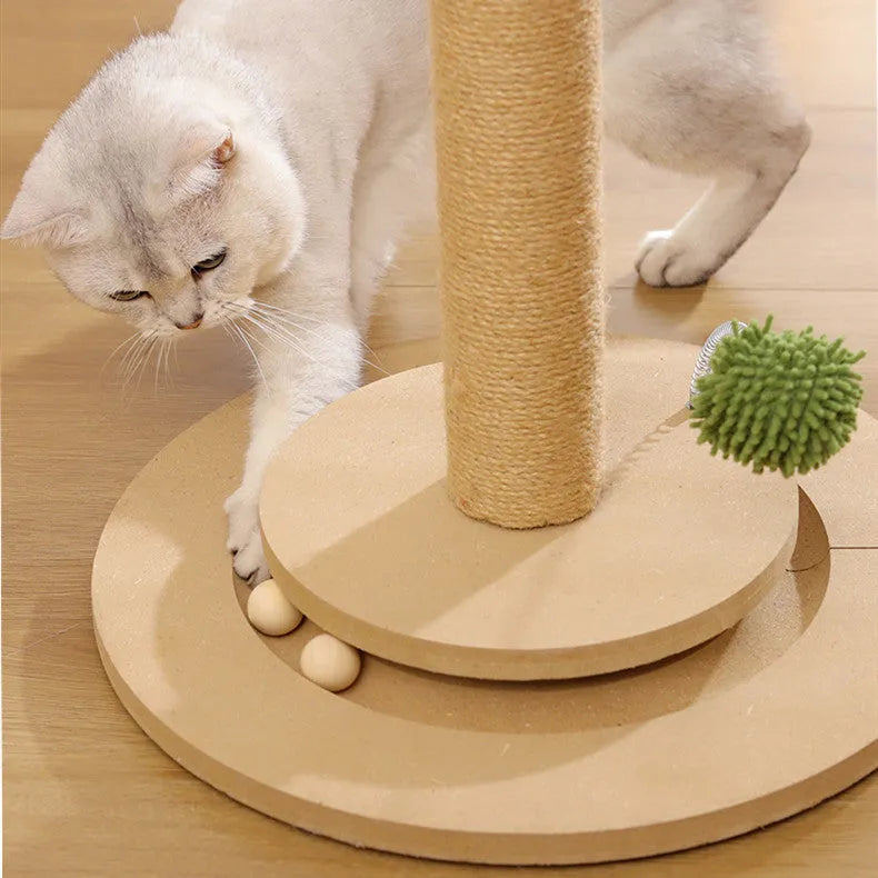 Vertical cat climbing frame with natural hemp rope and cannabeveled scratching posts.