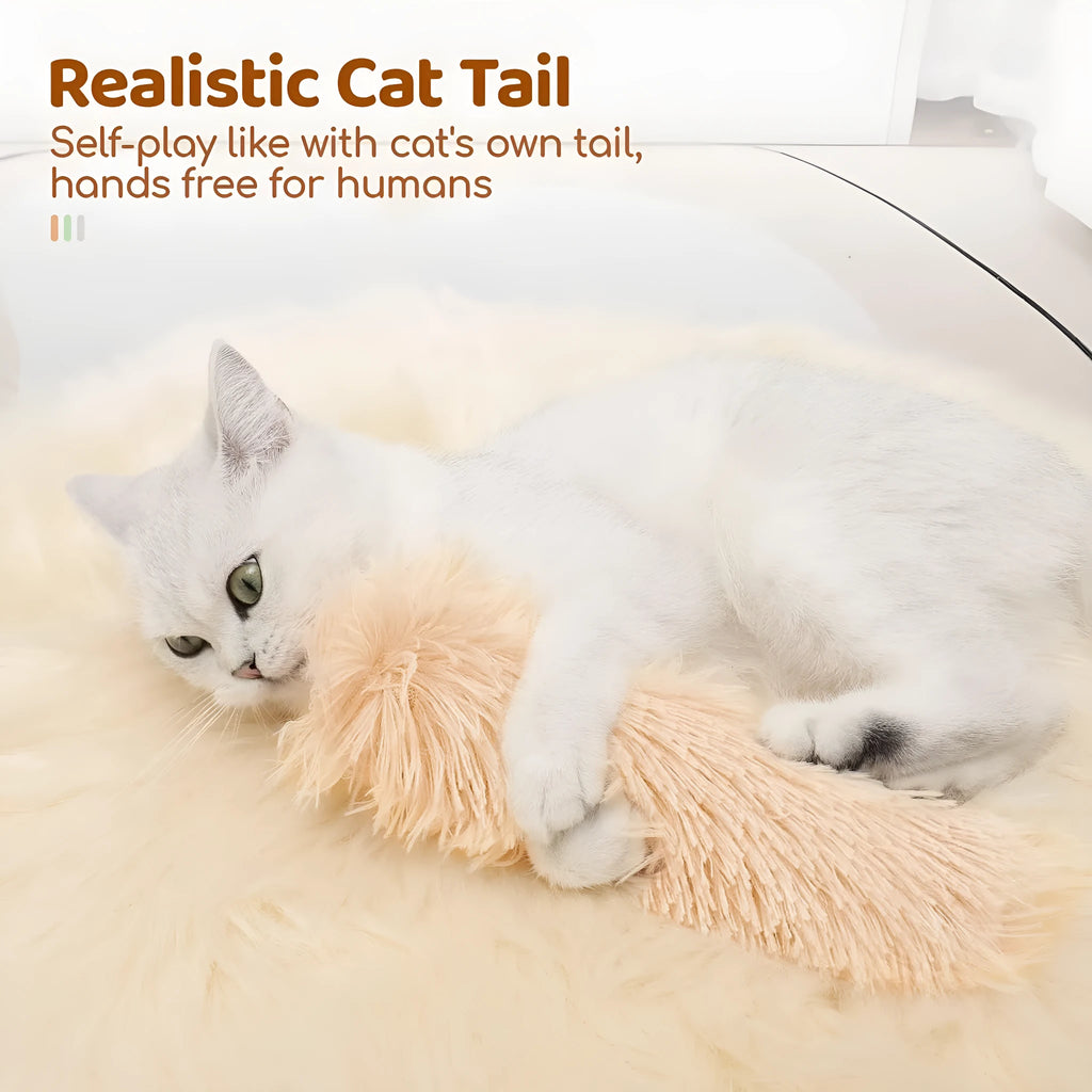 Soft plush cat toy pillow in blue, green, pink, or white, measuring 27 by 10 centimetres.