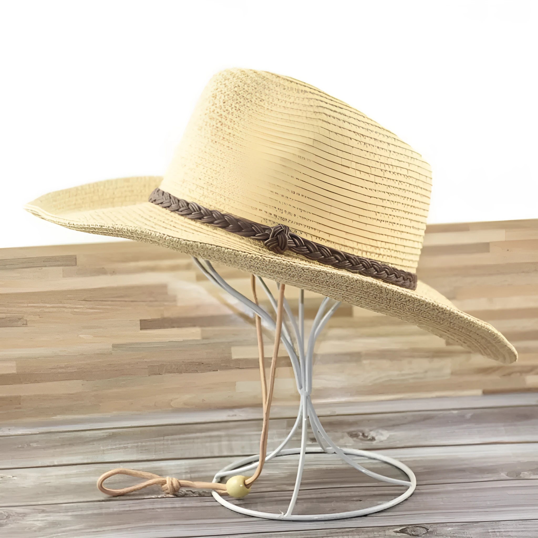 Men's foldable straw sun hat with wide brim in mixed beige colour on neutral background