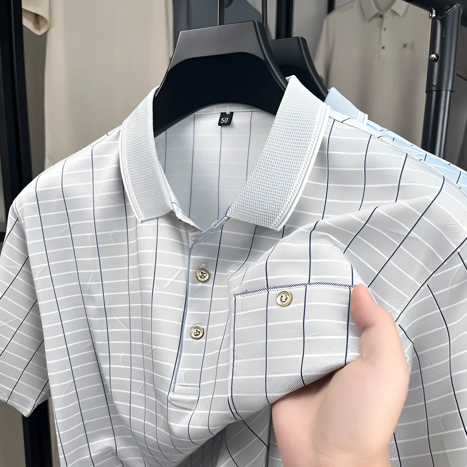 Men's Ice Silk summer top loose fit plaid pullover in light gray on a man
