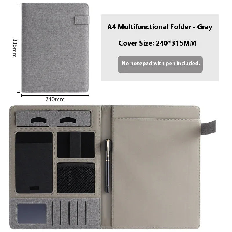 Black leather A4 business folder holding documents, with pen and notepad accessory options.