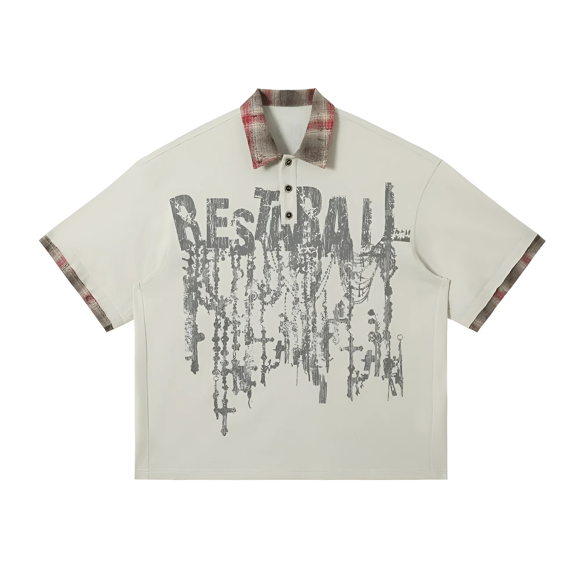 Men's loose fit cotton short sleeve top with asymmetric cut and graffiti print in blue or red