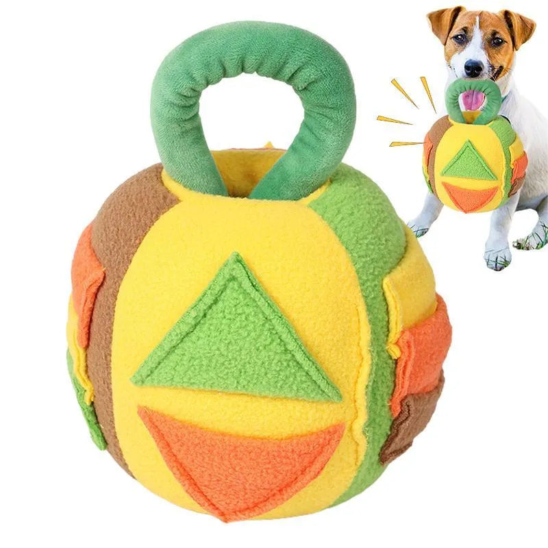 Polyester plush squeaky dog ball toy with treat pockets in pink or green colour for small medium dogs