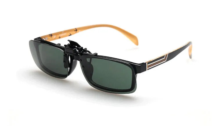 Myopia sunglasses clip with PC lenses in dark green, grey, and night vision options for prescription glasses