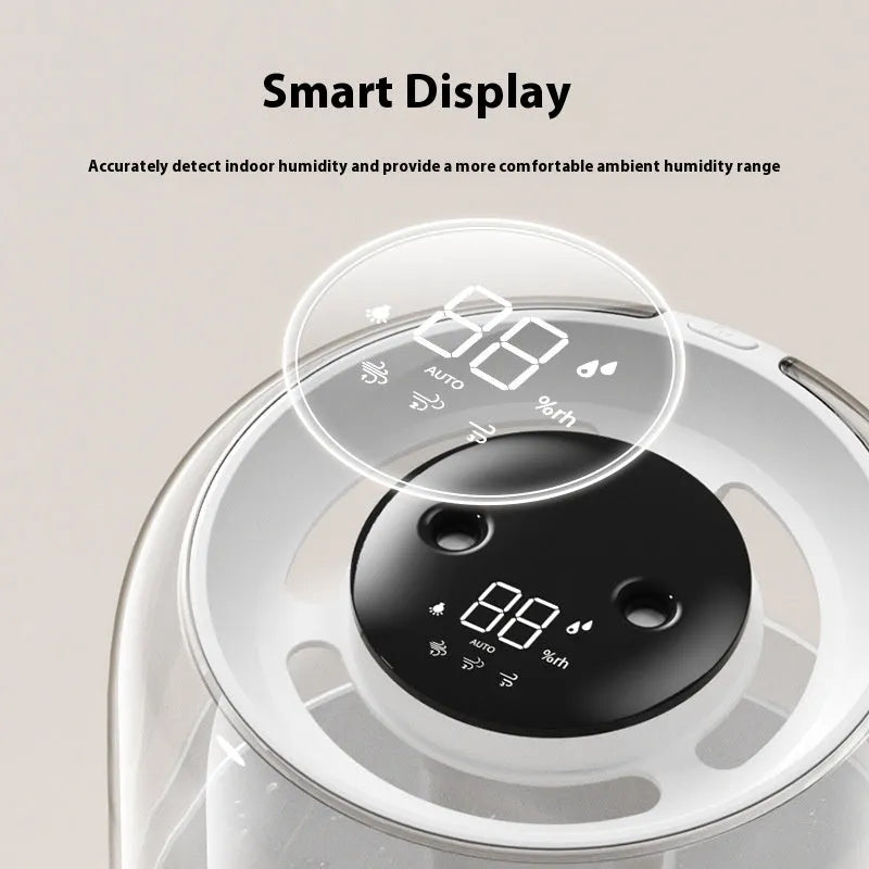 Beige round USB humidifier with dual spray outlets, display screen, and night light.