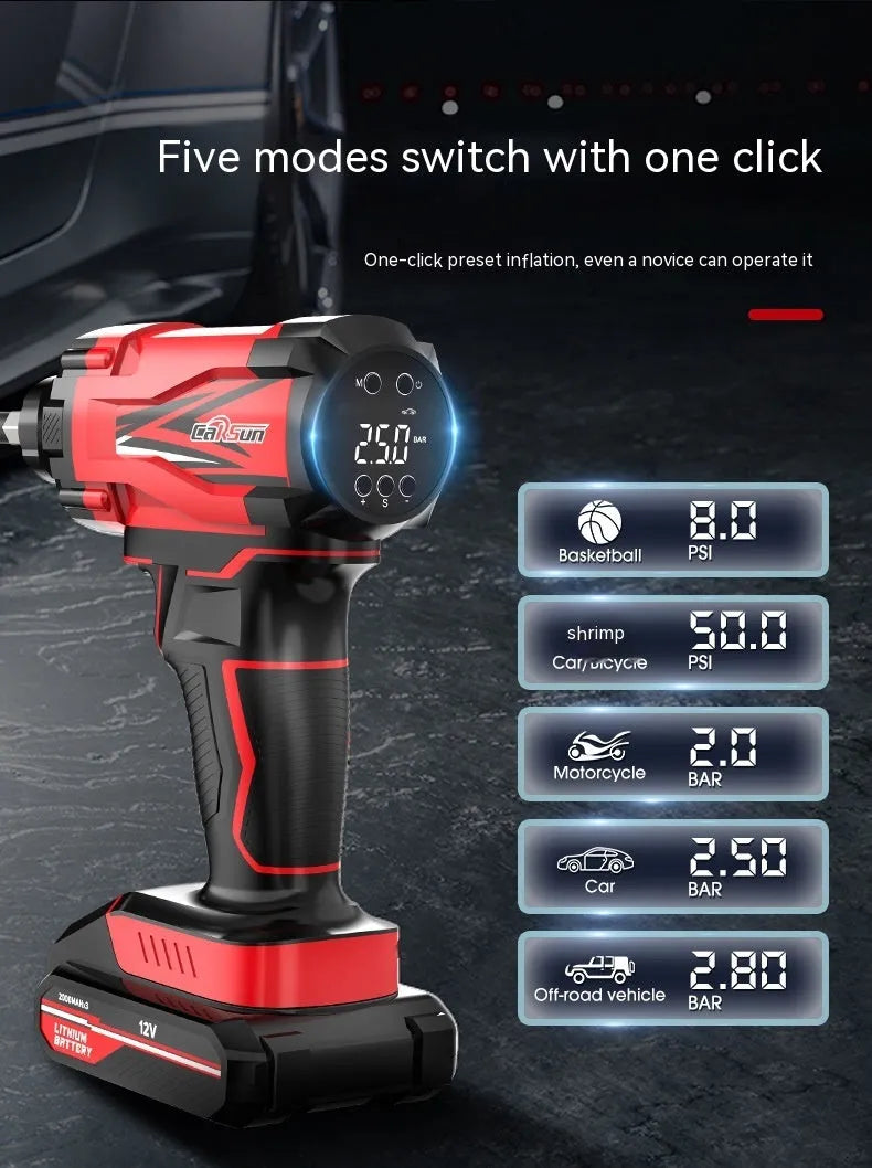 Red and black car wireless air pump with nozzles and power cables for tyre inflation