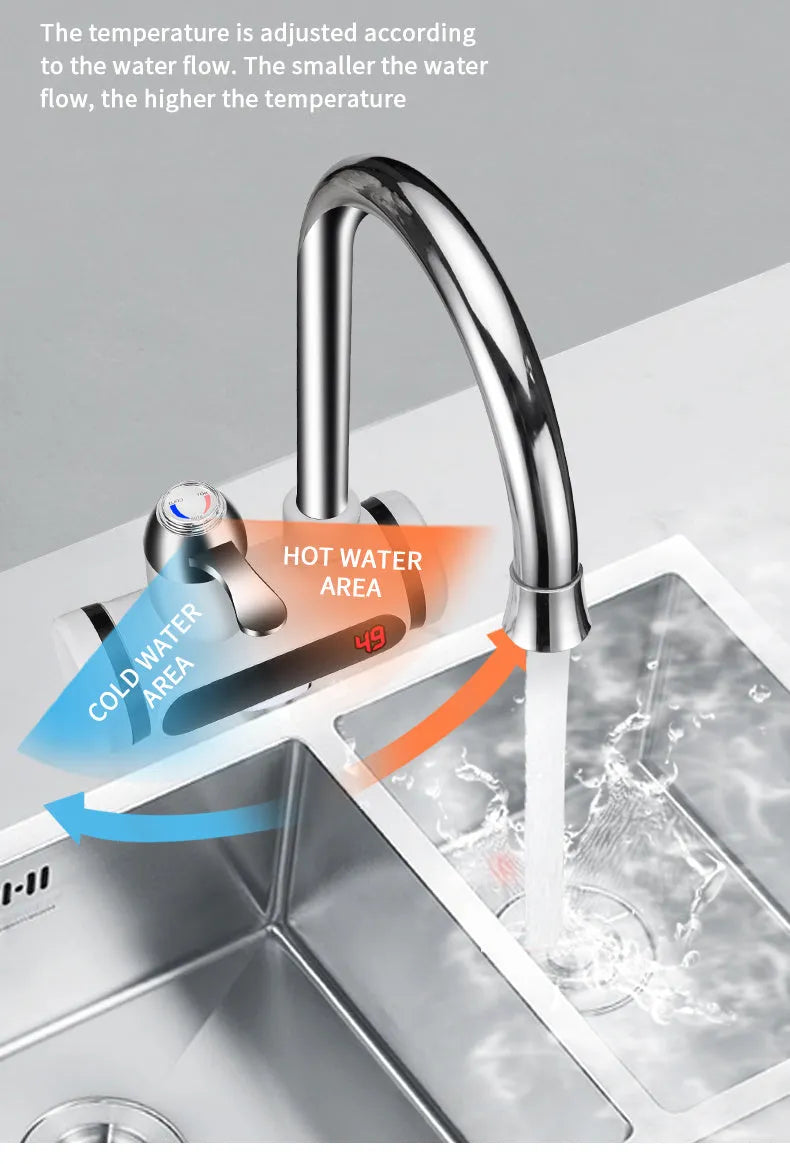 White electric instant water heater for kitchen taps with digital temperature display