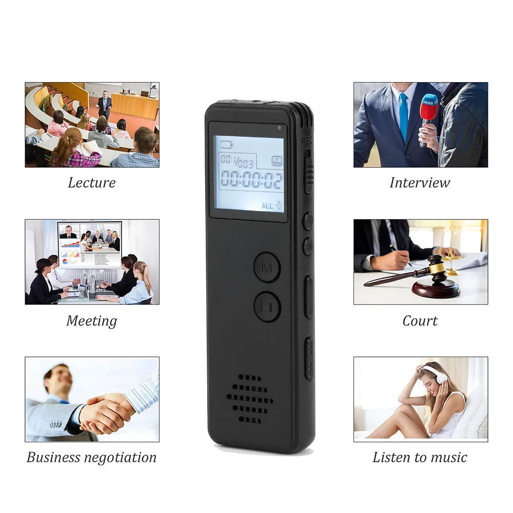 Black MP3 digital voice recorder with matte finish, 88mm long with screen and buttons