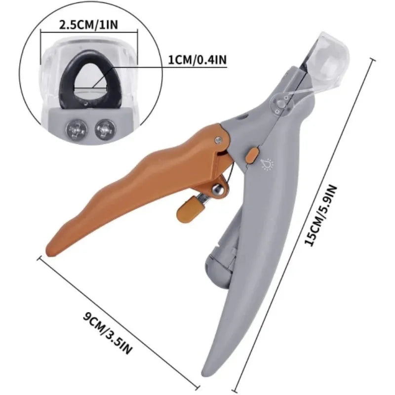 Yellow pet nail clippers for dogs and cats with built-in LED light and magnifying glass